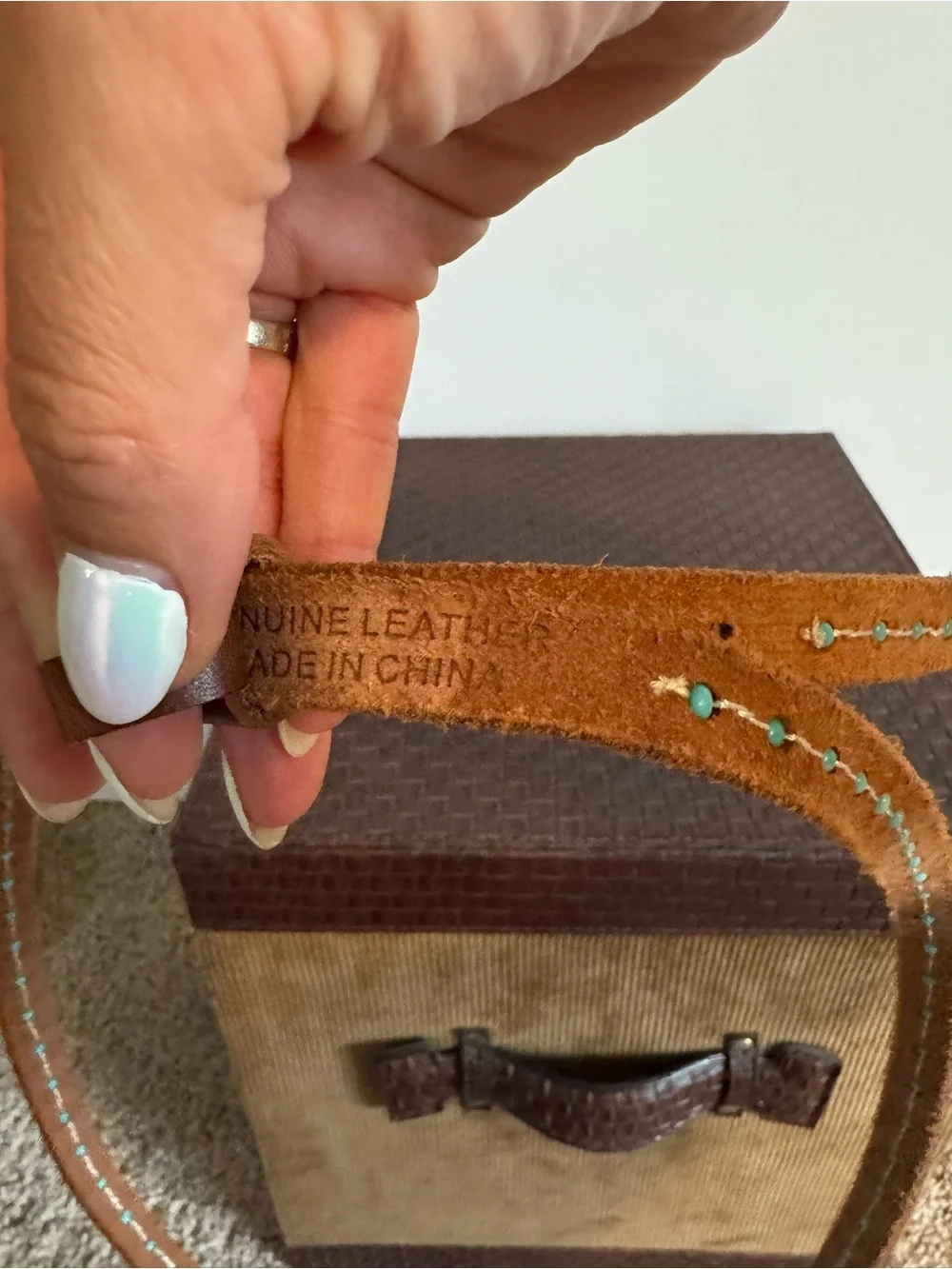 Thin Brown Leather Belt with Turquoise Beaded stitching